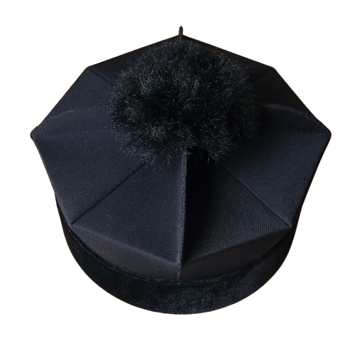 Black octagonal barrette with 4 crests; lawyer's hat